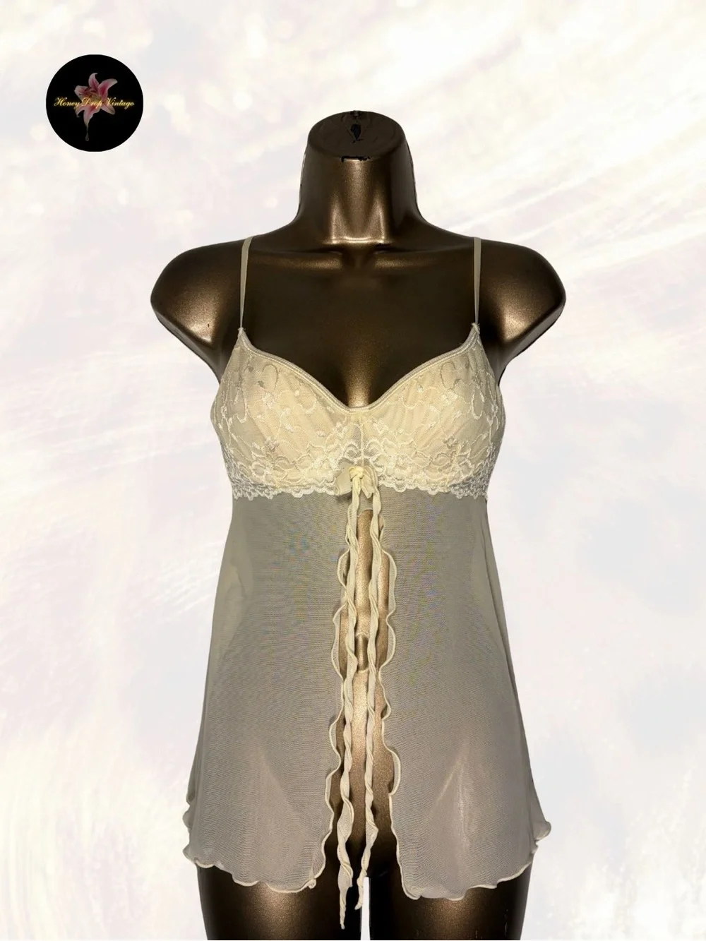 Vintage Sheer Lace Front-Tie Babydoll Lingerie